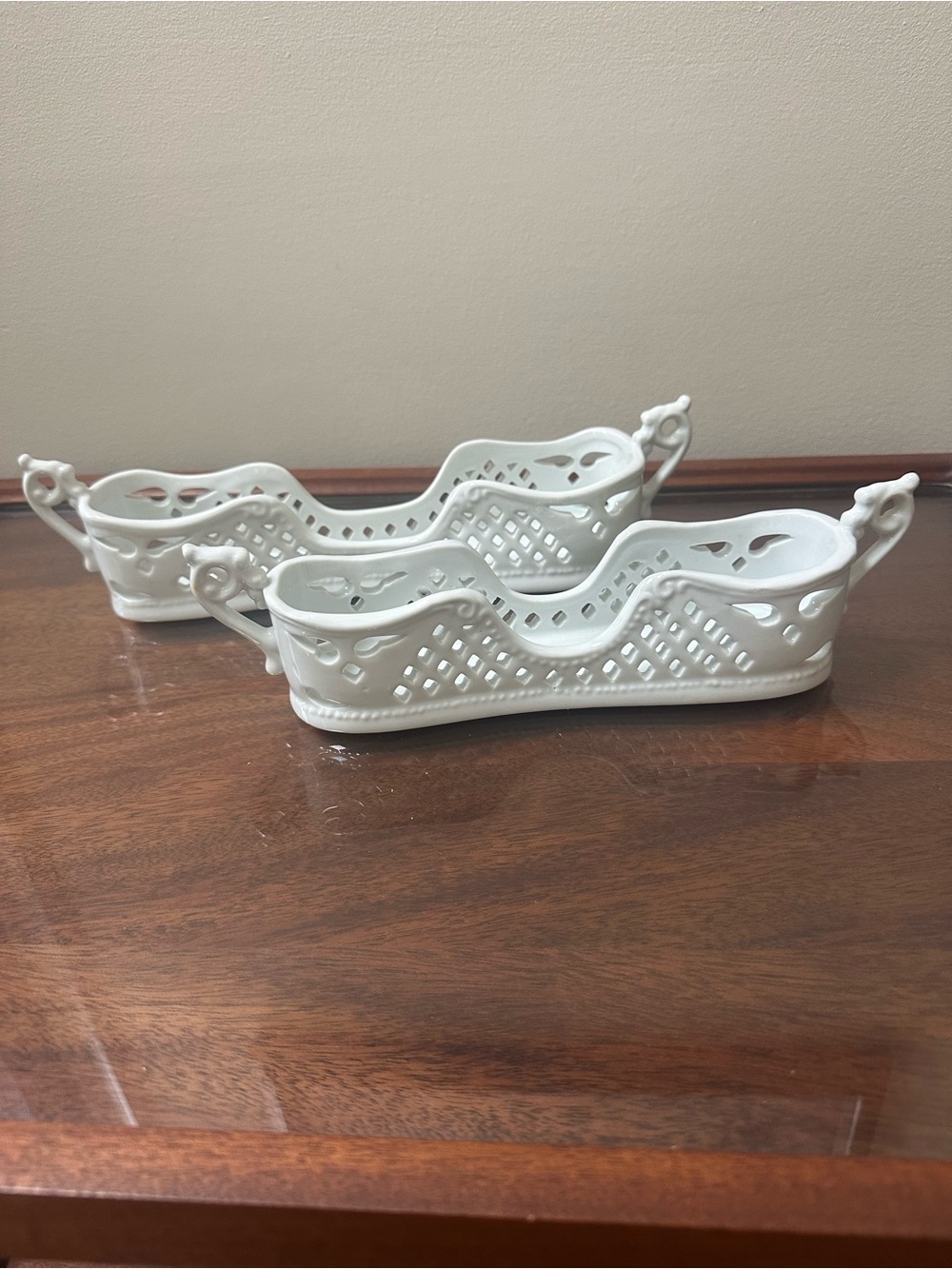 Vintage Pair of White Decorative Ceramic SilverwareTrays